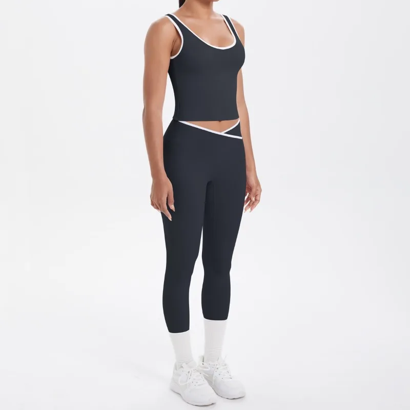 

New Women's Nude Contrasting Sports Vest Yoga Suit Cross High Waisted Hip Lifting Tight Pants Set Outdoor Running Fitness Suit