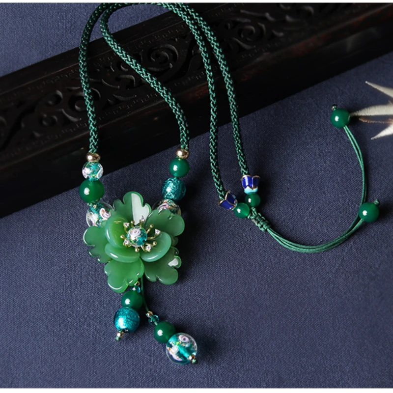 New Hanfu Clavicle Chain Necklace Antique Ethnic Style Pendant Accessories Green Women's High-grade Sense Rope Decoration Agate