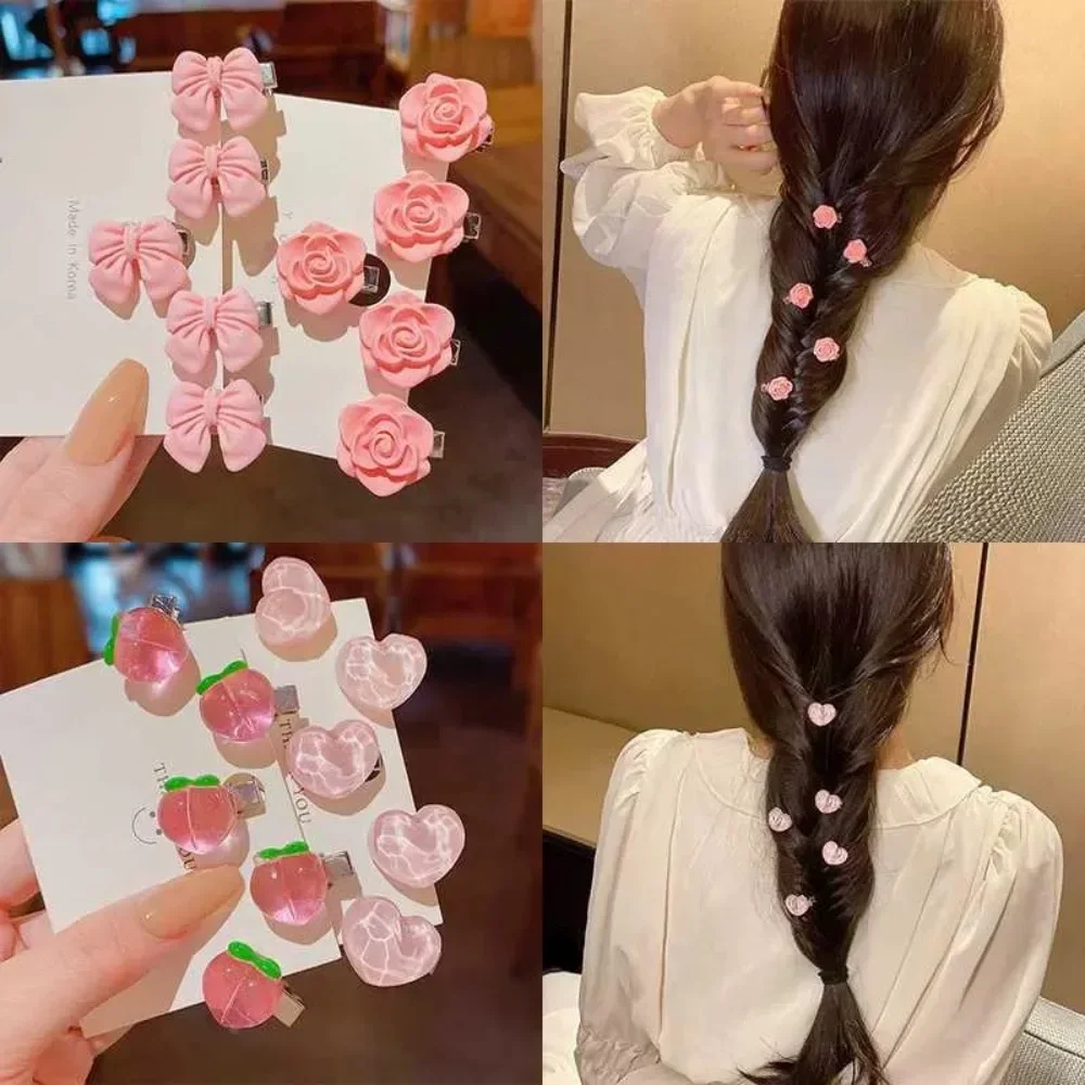 5PCS Pink Girl Cute Series Honey Peach Rose Flower Hair Clip Hair Card Sweet Wind Camellia Lace Bow Headpiece Hair Accessories