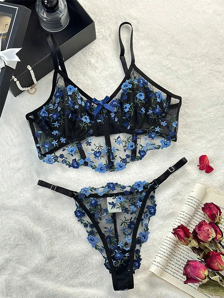 Tulle Lingerie Beautiful 2 Piece Underwear Set Transparent Sexy Bras for Women Floral Embroidery Erotic Lingerie Fancy Underwear