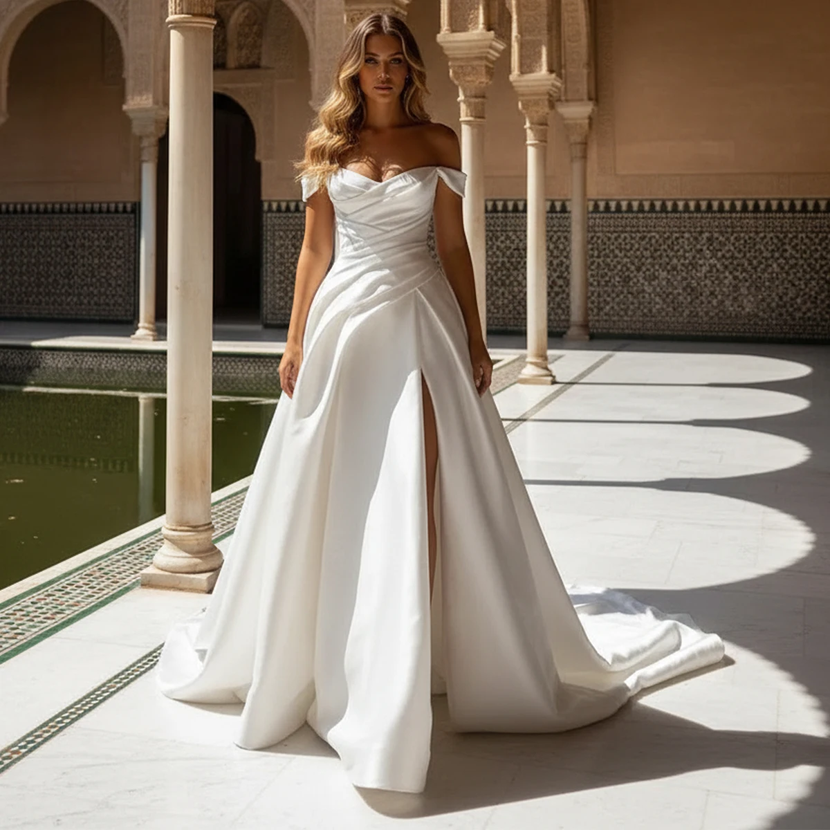 

Off-Shoulder Pleated Satin Wedding Dress Beach Vestidos Novia with Slit Long A-Line Ball Gown for Bride Bridal Party Gown