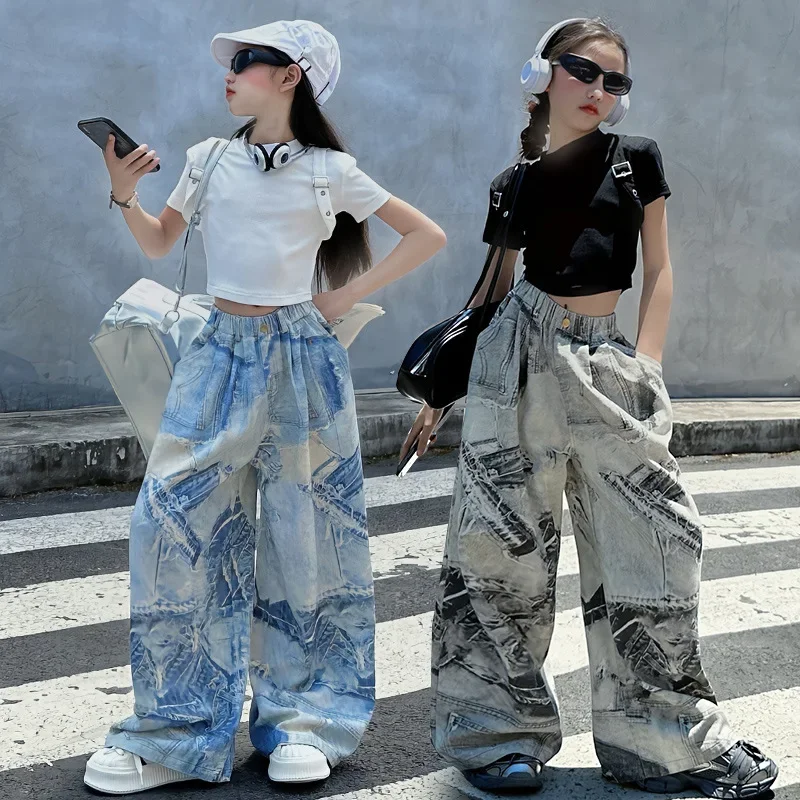 

Girls' Jeans 2025 New Summer Thin Pants Kids Fashion Trendy Tie Dye Wide Leg Trousers 5-14 YearsChildren Loose Mop Floor Pants