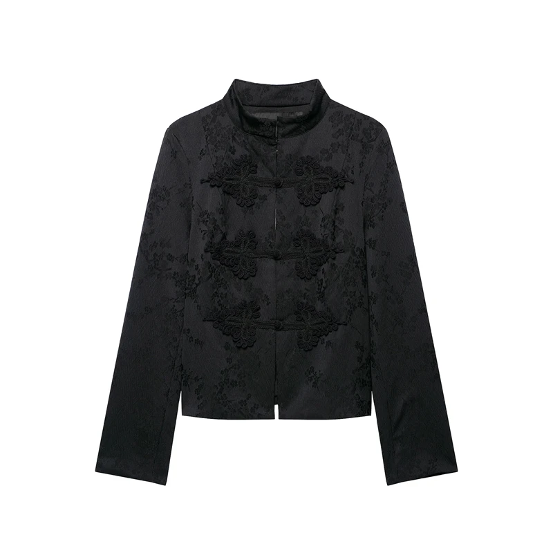 Guobioziy 2026 Women Mandarin Collar Short Jacket Frog Button Decor Long Sleeve Cropped Cardigan Casual Daily Fashion Outerwear
