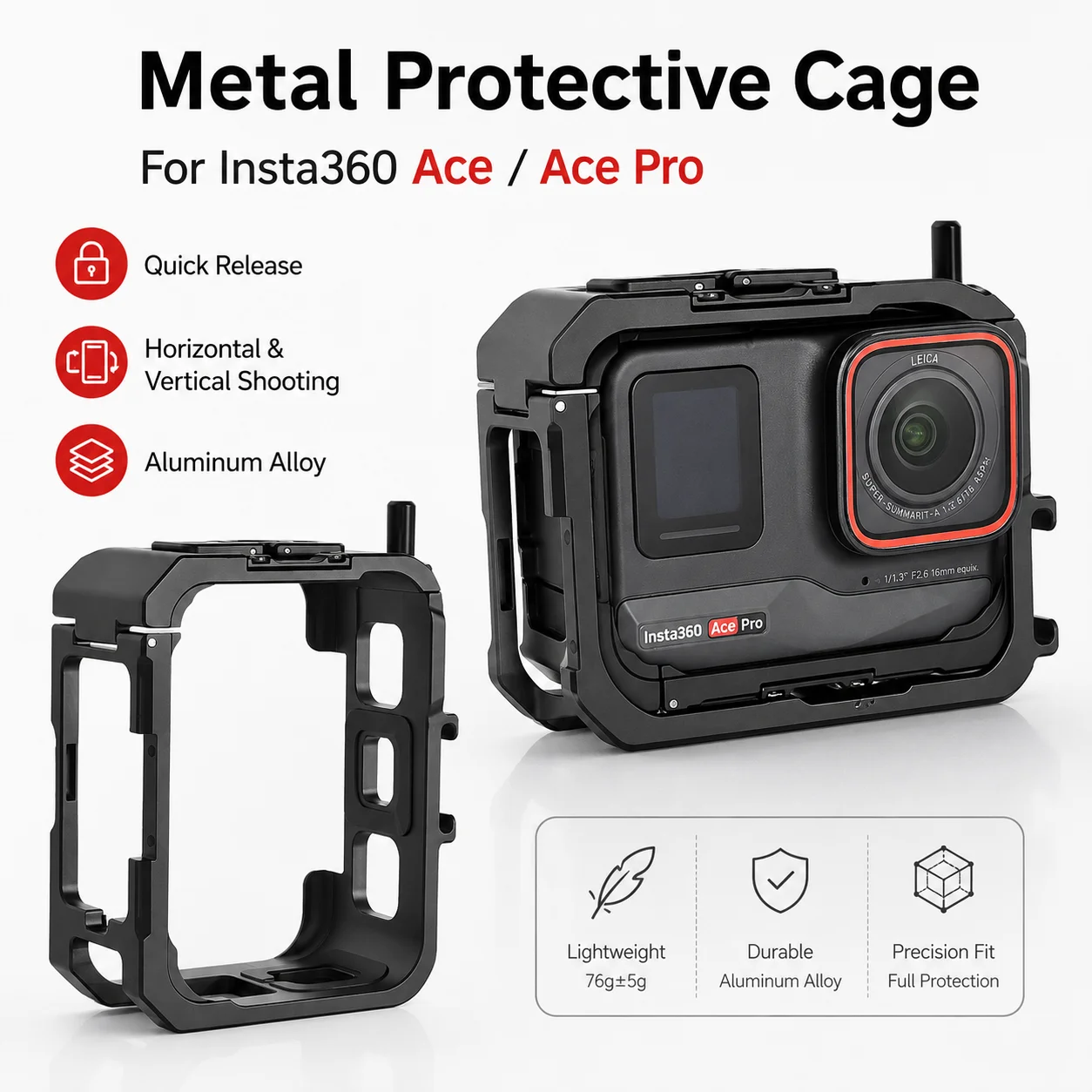 Metal Protective Cage for Insta360 Ace/Ace Pro Quick Release Aluminum Alloy Frame Horizontal Vertical Shooting Camera Case