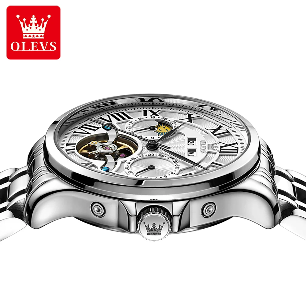 OLEVS Brand Luxury Tourbillon Watch for Men Stainless Steel Waterproof Calendar Fashion Moon Phase Mechanical Watches Mens