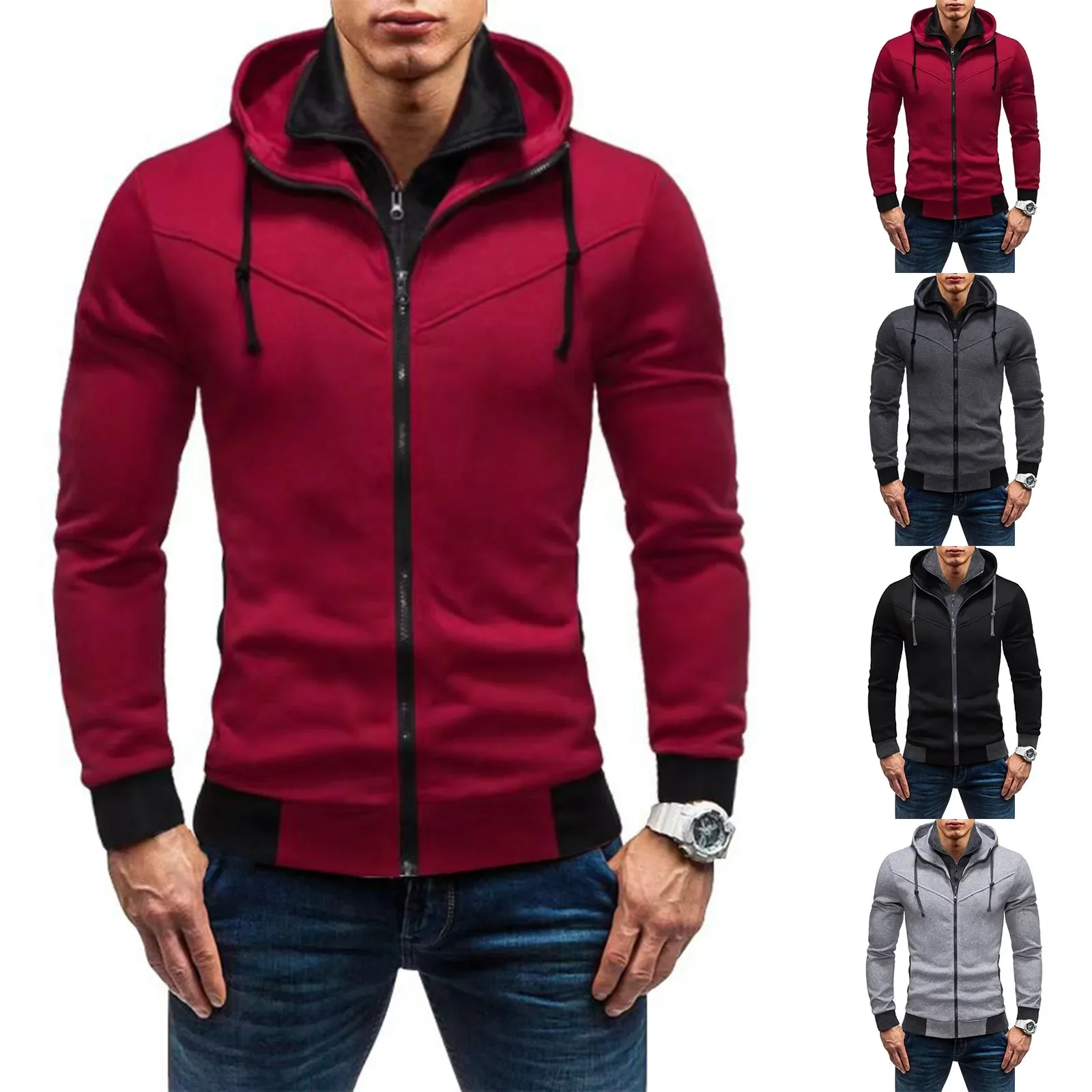 Outono masculino jaqueta de manga comprida moletom com capuz jaqueta de abertura com zíper moletom com capuz masculino fino ajuste pano masculino