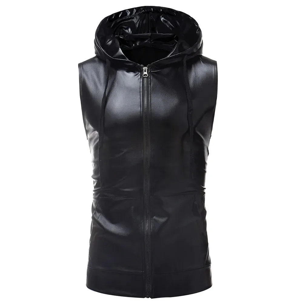 Fashion Sleeveless T-shirts Men Shiny Metallic Faux Leather Vests Hooded Tank Tops Zipper Nightclub Party Dance Stage Streetwear