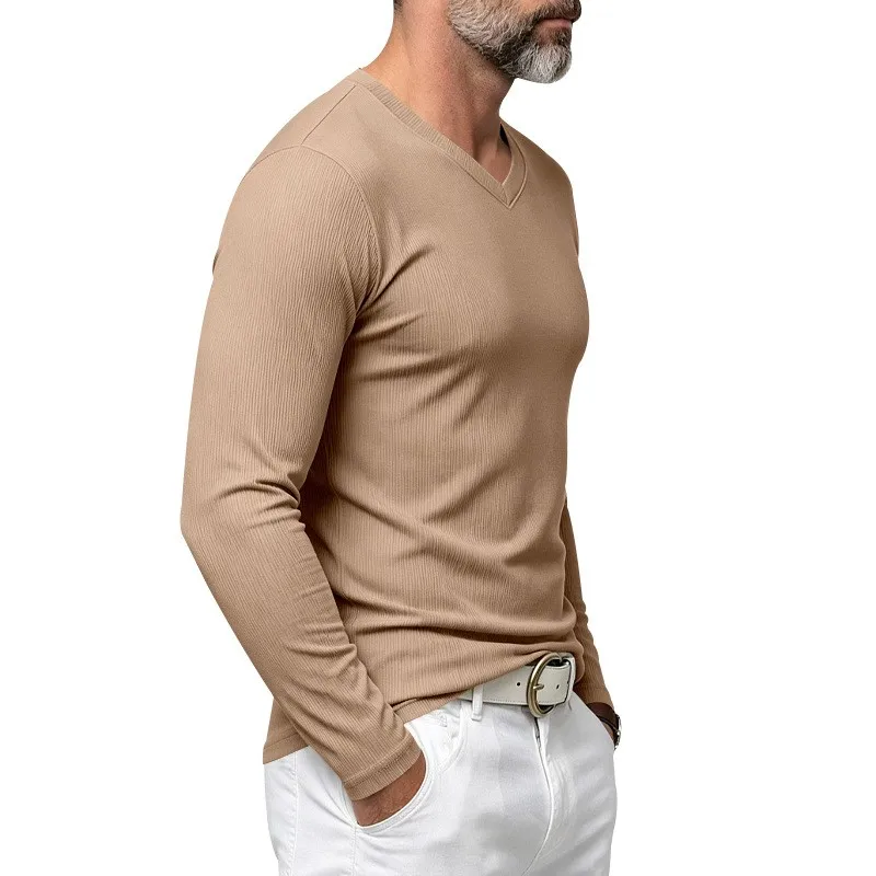 Herren Einteiliges Herbst- und Winter-Unterhemd mit V-Ausschnitt, Lässiges Loses Strick-Langarm-T-Shirt, Weiches und Dehnbares Basic-Layering-Oberteil – Detail 19