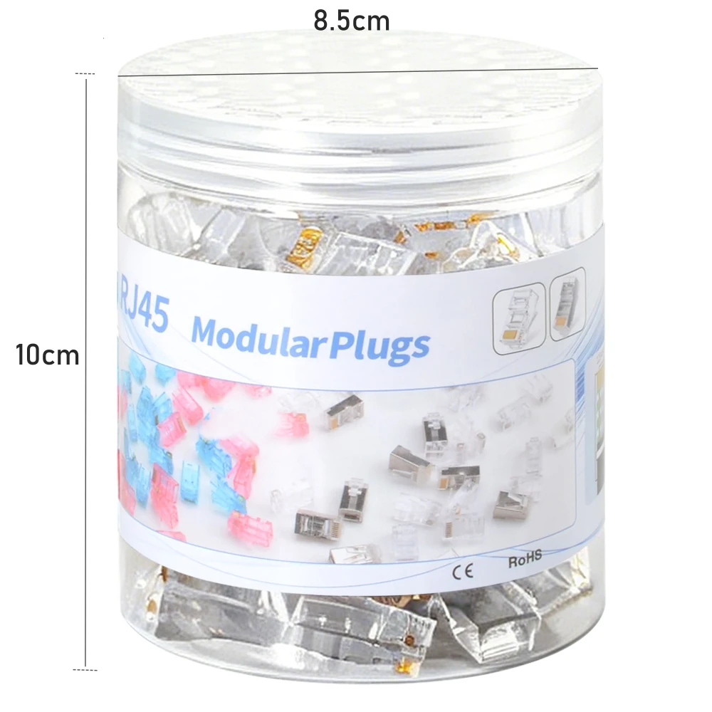100PCS Cat6 Cat5e RJ45 Pass Through Connectors with Clear Storage Jar, 1.1mm Hole Modular Plugs for Solid & Stranded UTP Cable