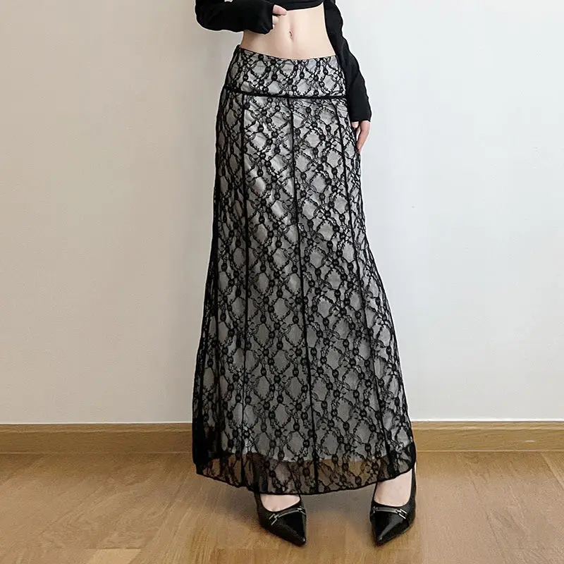 Long Skirts Lace Double Layer Black Baggy Y2k Aesthetic Straight Midi Skirts Femme Clothing Slim Hot Girl Butt-Covering Skirt