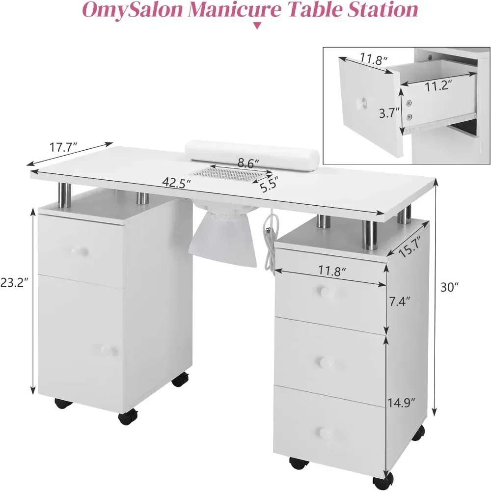 Manicure Table Nail Desk W/Electric Dust Collector, Nail Makeup Storage for Beauty Salon W/Lockable Wheels,Wrist Cushion