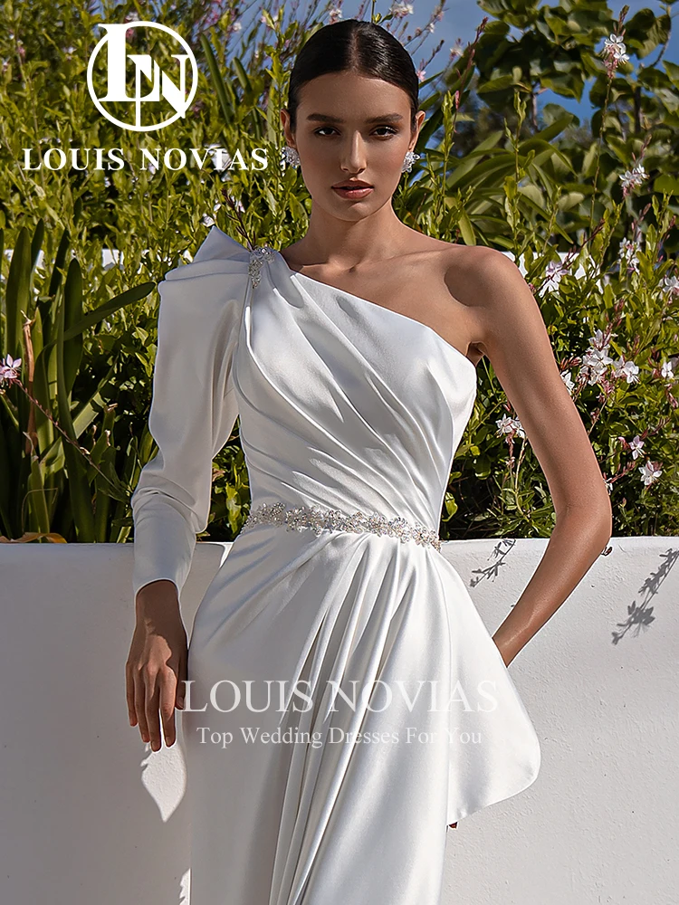 LOUIS NOVIAS-حورية البحر فستان الزفاف مع فتحة الفخذ, كتف واحد ثوب, أكمام طويلة, فستان العروس, 2022