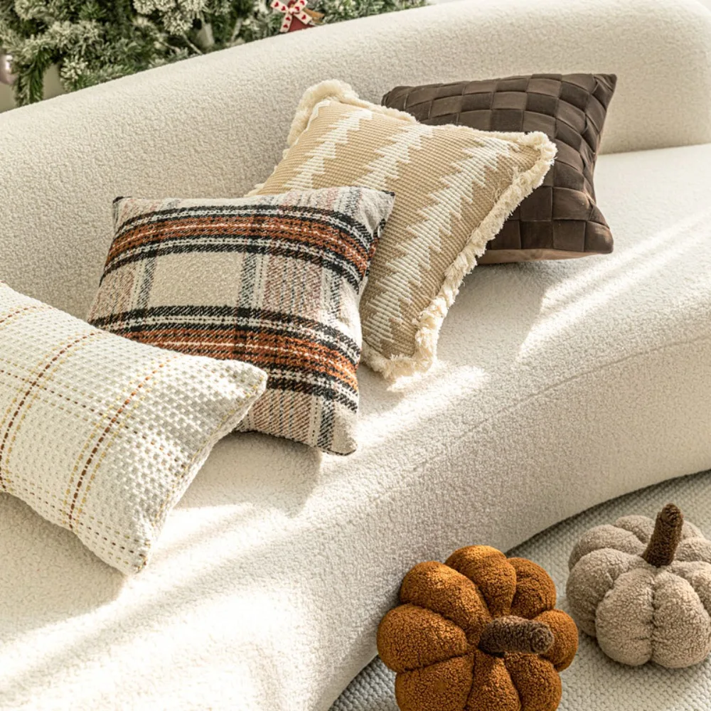 

Nordic beige coffee checkered pillows Christmas style living room decoration pillows pumpkin cushions rectangular waist pillows