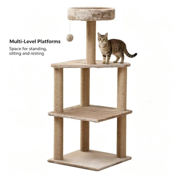 Plush Cat Tree with Sisal Scratching Posts, Double Ball Toy, Perch Nest, Thickened Base – Compact Climbing Frame for Cats