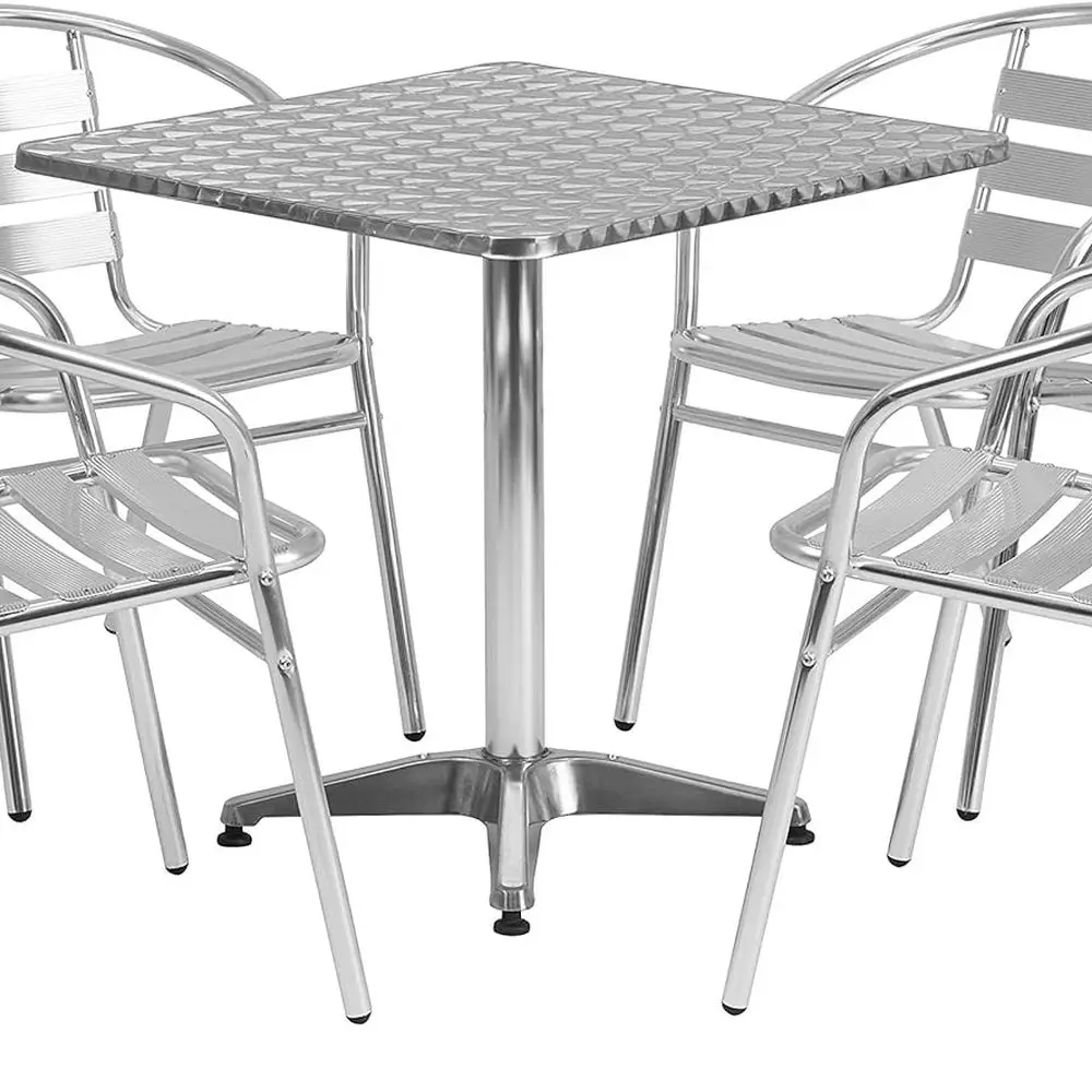 

5-Piece Aluminum Outdoor Patio Dining Set with Square Table and Slat Back Chairs, Silver