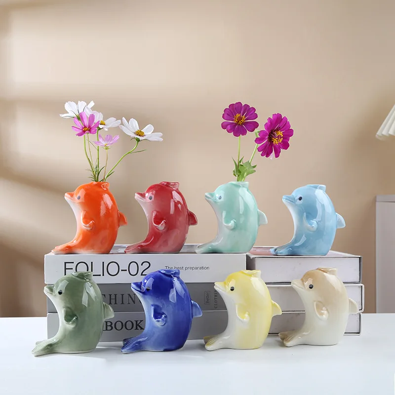 Cute dolphin shaped ceramic small vase mini cartoon animal flower arrangement desktop hydroponic dry flower ornament home decor