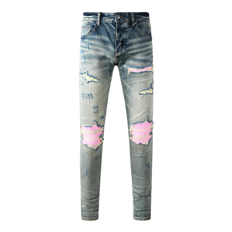 Y2KDesigner High Street Fashion Jeans Stretch Slimming Washed Light Blue Jeans Red Patched Hip Hop Brand Pants Hombre