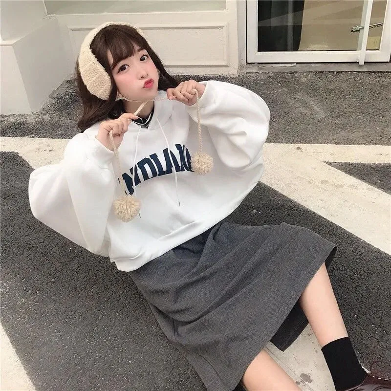 Autumn Thick Women Hoodies Fashion Loose Fake Two Piece Letter Printing Tops Harajuku Warm Preppy All Match Crop Sweatshirts