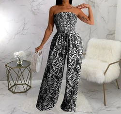 Elegant Women's Jumpsuit Sexy Sleeveless Backless Strapless Elastic Abstract Print High Waist Casual Wide Leg Jumpsuit with Belt