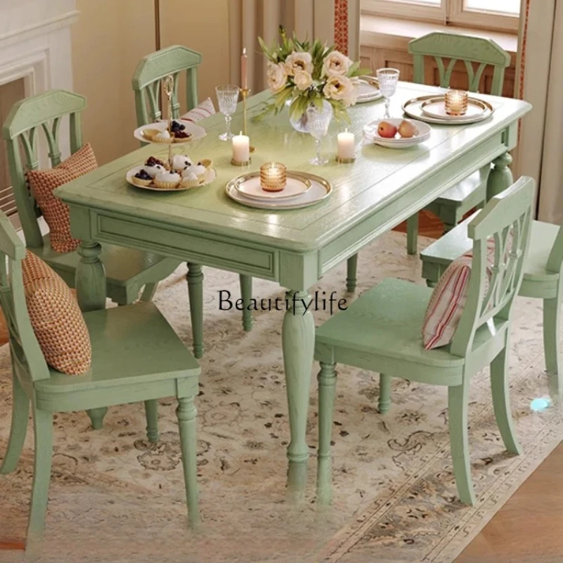 

American-Style Solid Wood Retro Green Dining Table and Chair Rectangular French Retro Ash Dining Table
