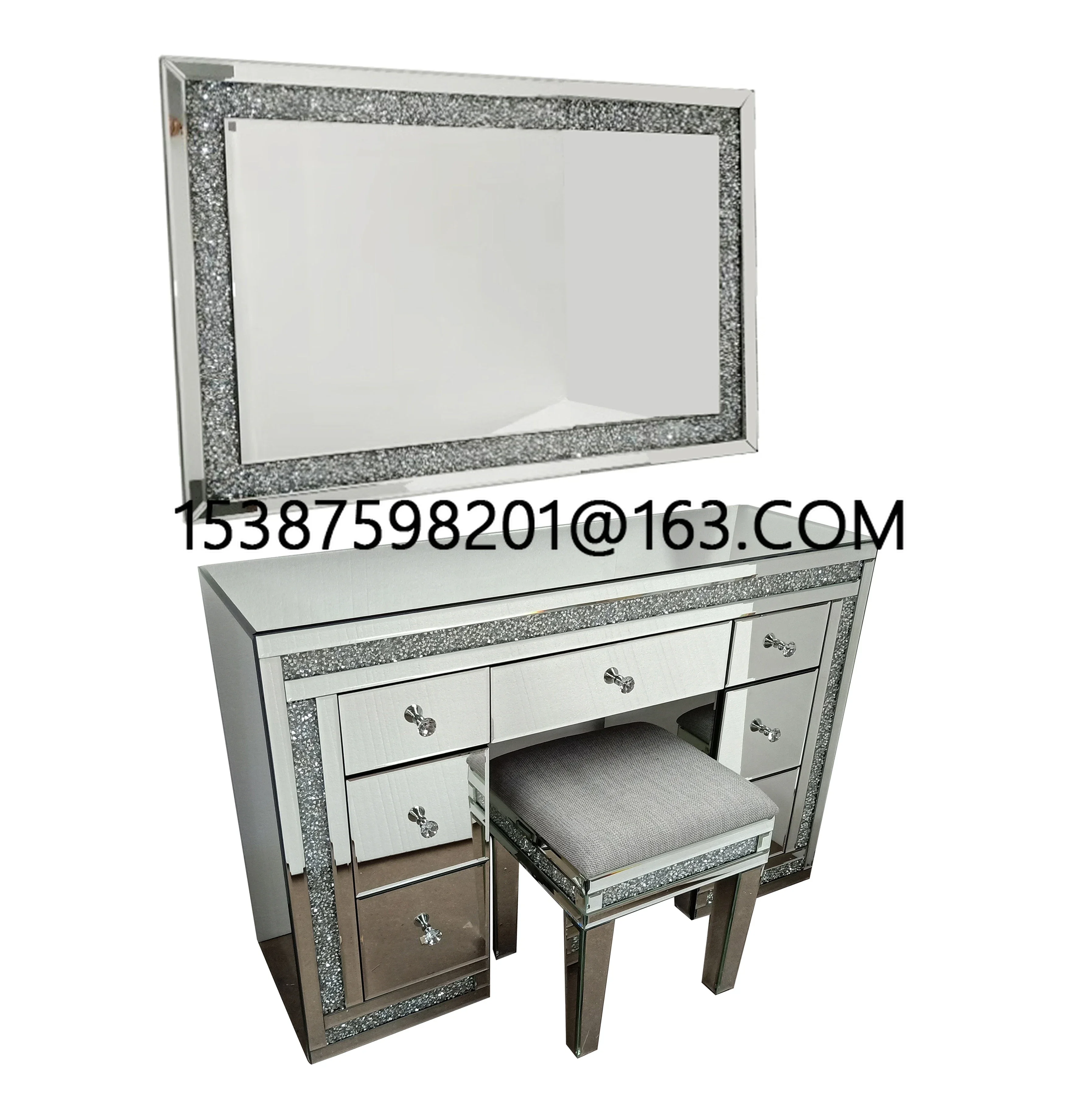 Modern Glam Mirrored Frame Shinny Crystal Decor Vanity Table Dresser Glass Dressing Table For Bedroom Furniture