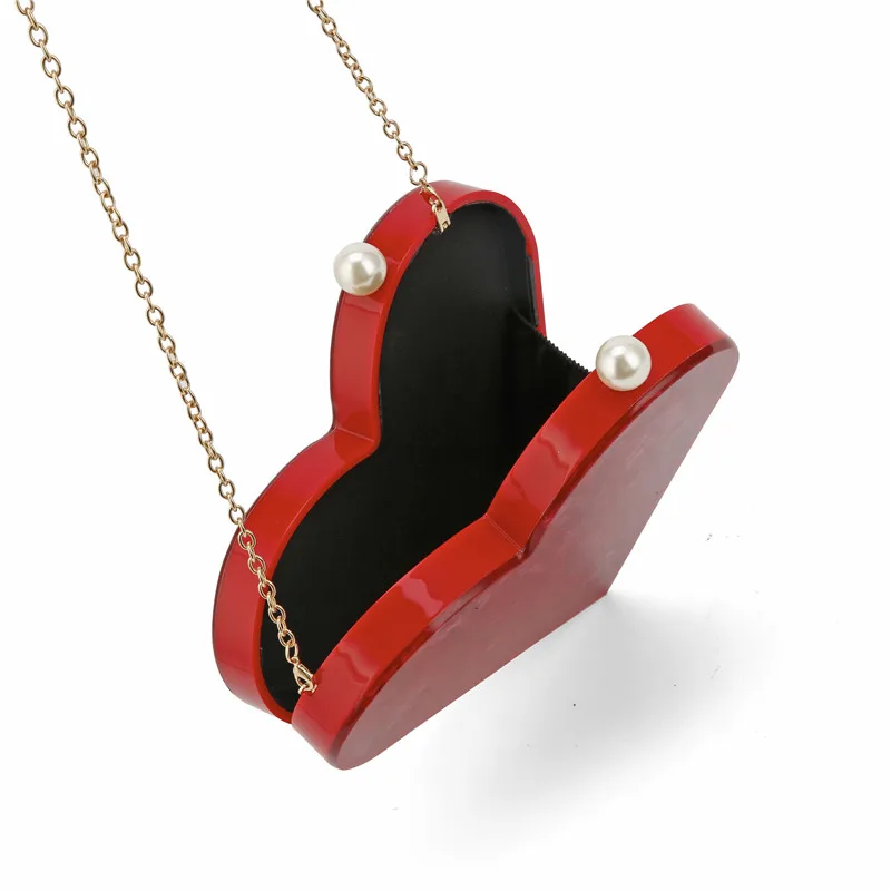 Marble Pearl Red Heart Shape Women Acrylic Clutch Purse Lady Girl Party Travel New Trendy Brand Luxury Box Wedding Handbag Bags
