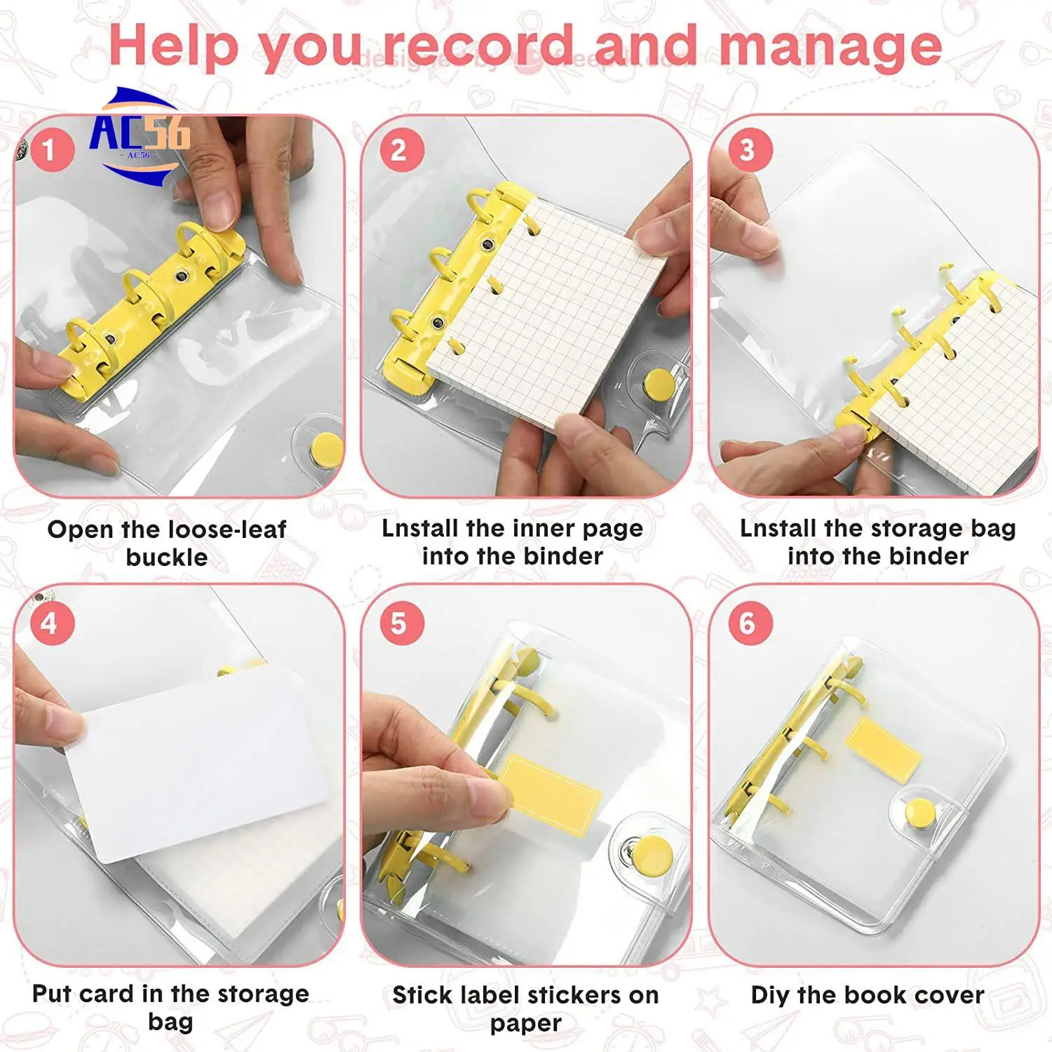 

AC56-5 Pack Mini Transparent 3 Ring Binder Covers With Binder Inner Papers Storage Bags Label Sticker Binder Pockets