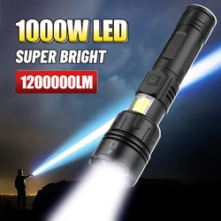 1000W Powerful XHP70 LED Flashlight 18650/26650 Torch With Side Light 7 Modes Camping Fishing Lantern USB Rechargeable Zoom Lamp