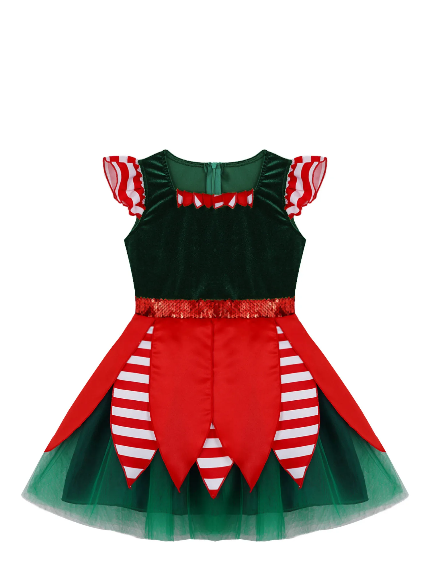 Kids Girls Santa's Spirit Cosplay Costume Flutter Sleeve Leaves Tutu Dance Dress Christmas Party Elf Dress-up