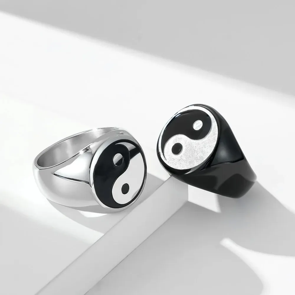 Chinese Style Taoism Yin Yang Rings Gossip Taiji Diagram Ring for Men Stainless Steel Jewelry