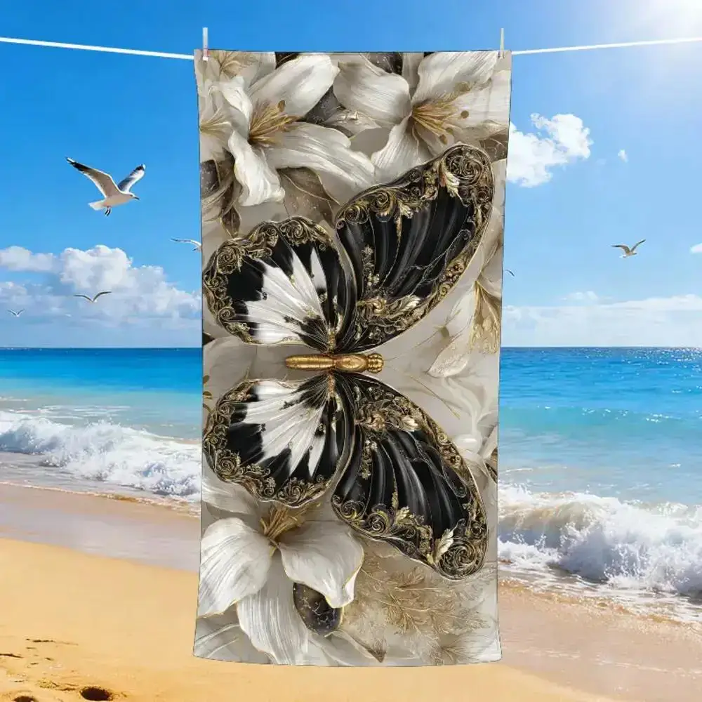 Butterfly Beach Towel, Black & Gold Butterfly with White Flowers, Quick Dry Microfiber, Sand Free, Perfect for Summer Travel