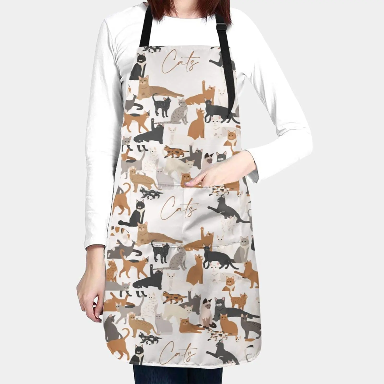 Cute Cat Theme Apron, Animals Pets Kitten Pattern Adjustable Neck Polyester Aprons with 2 Pockets for Cooking Kitchen=