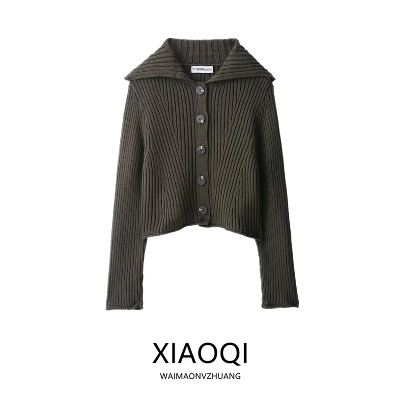

2025 Autumn New Arrival Women's Knitted Long Sve Coat with Button Flip-Cover Collar And Ribbed Details Girl's Open Cardigan