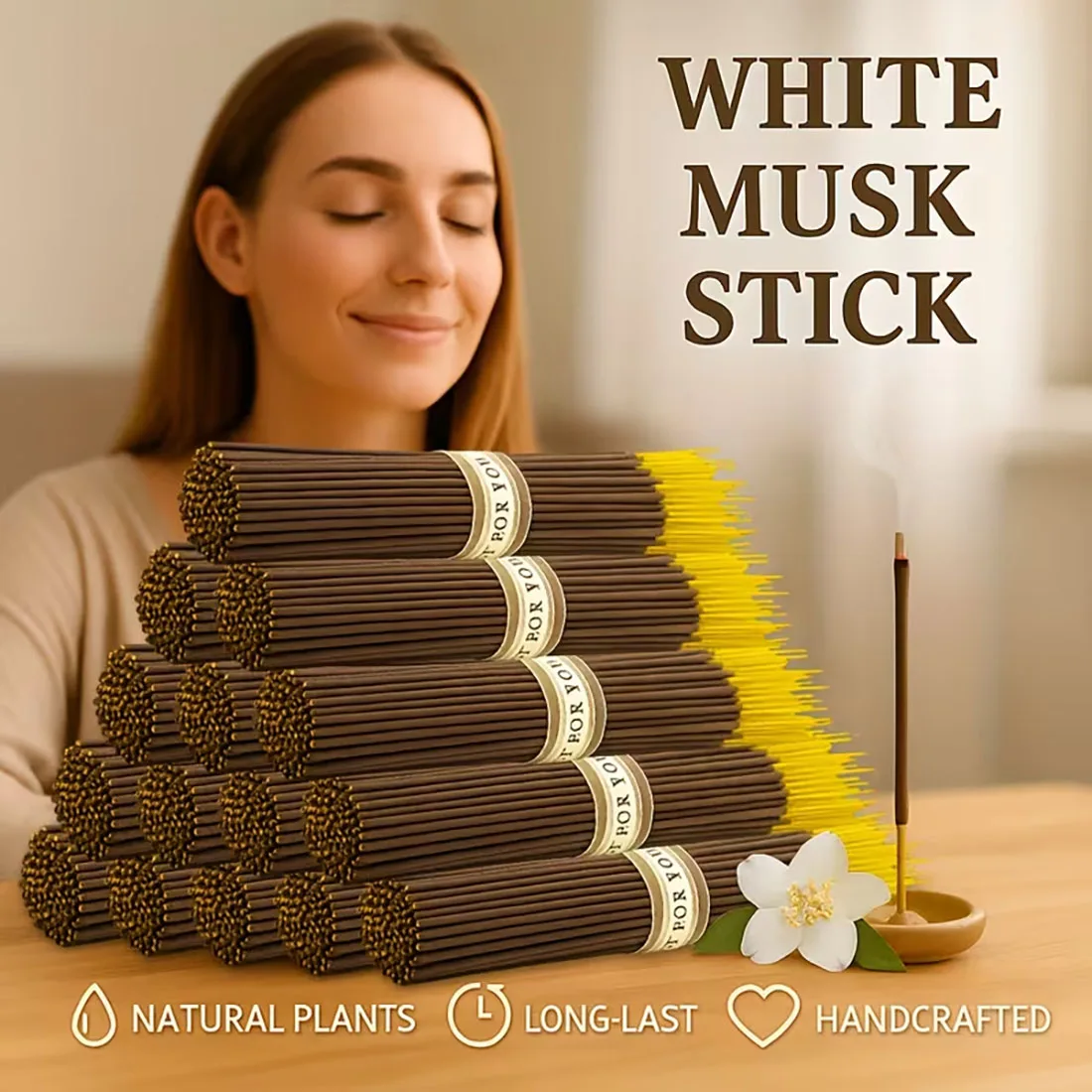 29/60/110/210 piezas, incienso floral de almizcle blanco-extractos de plantas naturales, quema duradera, elimina olores, fragancia duradera, madera artificial con esencia de hierbas y almizcle, adecuado para el hogar, la oficina, la meditación, la yoga-Elegante caja de regalo (sin necesidad de productos químicos)