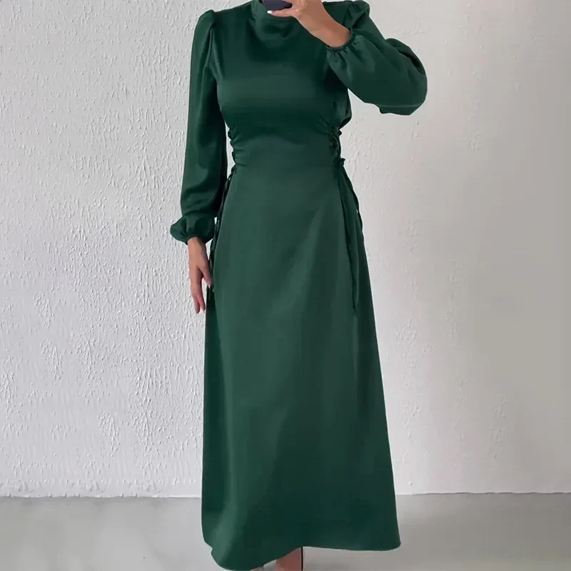 Women Long Dress Full Sleeve Dresses Lace Up Tight Waist 2024 Autumn Solid Turtleneck A Line Temperament Office Lady Vestidos