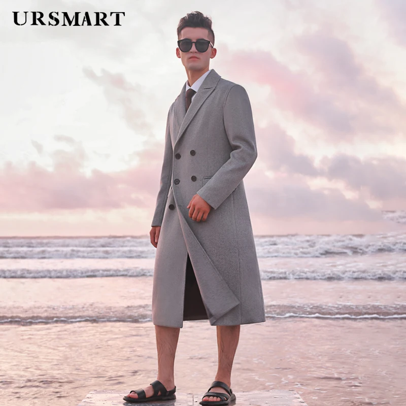 Double breasted men's wool coat  knee length thickened detachable down liner business trip men's tweed coat