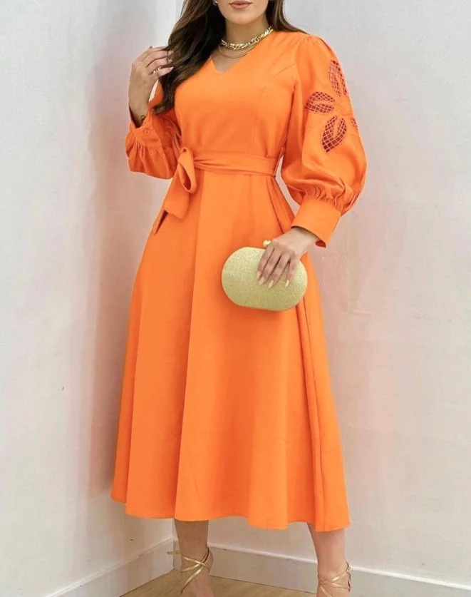 

Women's Casual Tied Detail A Line Ruched Dresses Temperament Commuting Women Eyelet Embroidery V-Neck Lantern Sleeve Maxi Dress