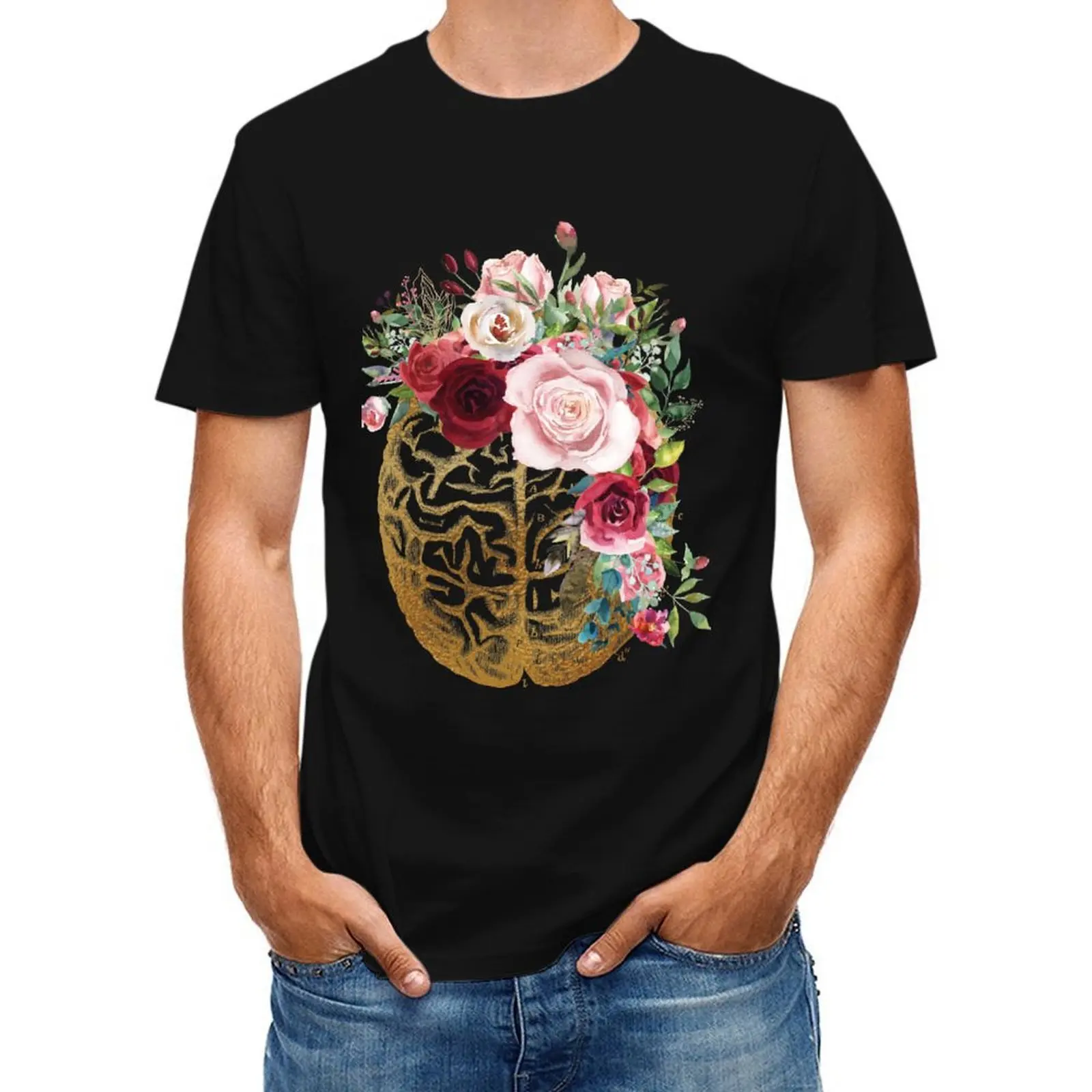 

Vintage Brain Anatomy with Pink Roses flowers T-Shirt quick-drying anime figures T-shirt men