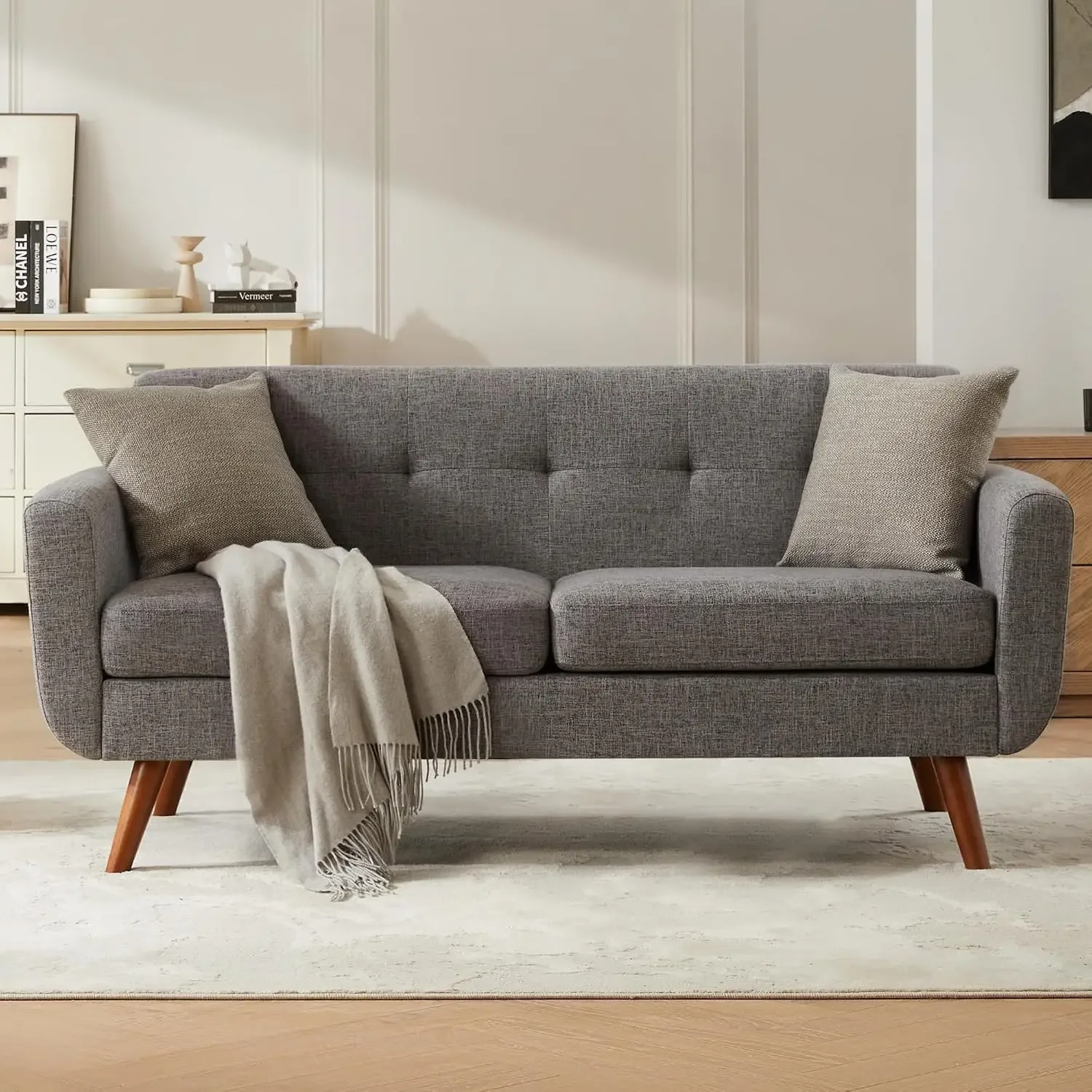 65" W Loveseat Sofa, Mid Century Modern Love Seat Couches for Living Room, Button Tufted Upholstered Small Couch for Bedroom, So