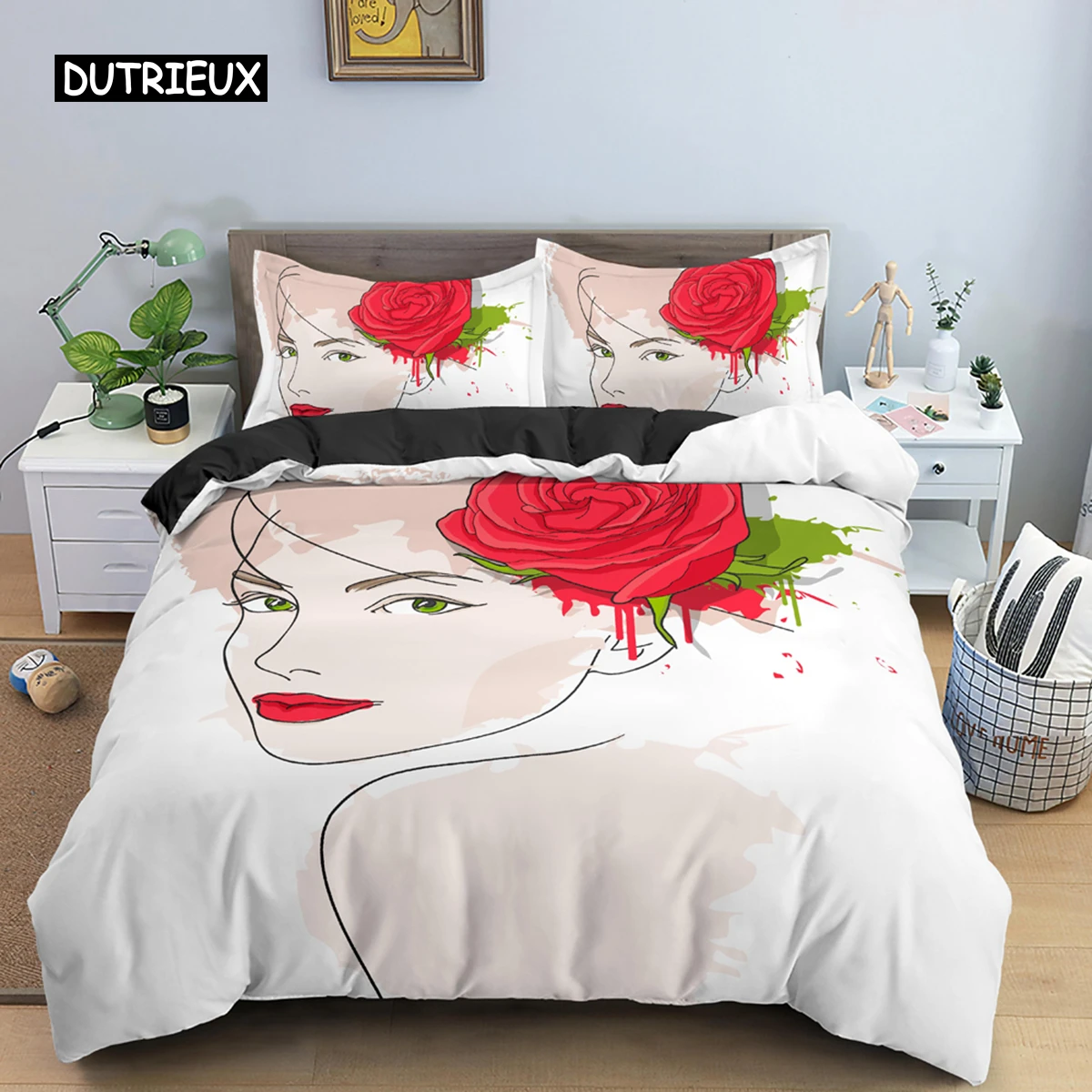 

Woman Face Lines Sketch King Queen Duvet Cover Female Portrait Rose Bedding Set Simple Strokes Flower Polyester Comforter Cover