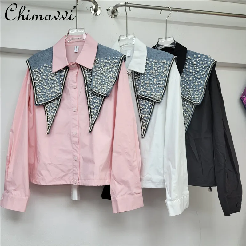 

Heavy Beaded Navy Collar Long Sleeve Shirt 2025 Spring New Korean Fashion Loose and Skinny Drawstring Streetwear Blouse Tops