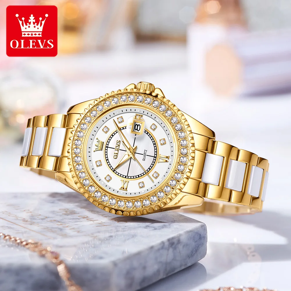 OLEVS 3685 Womens Watch Quartz Watch luxury Waterproof Luminous Diamond Bezel Automatic Date Stainless Steel Ladies Watch