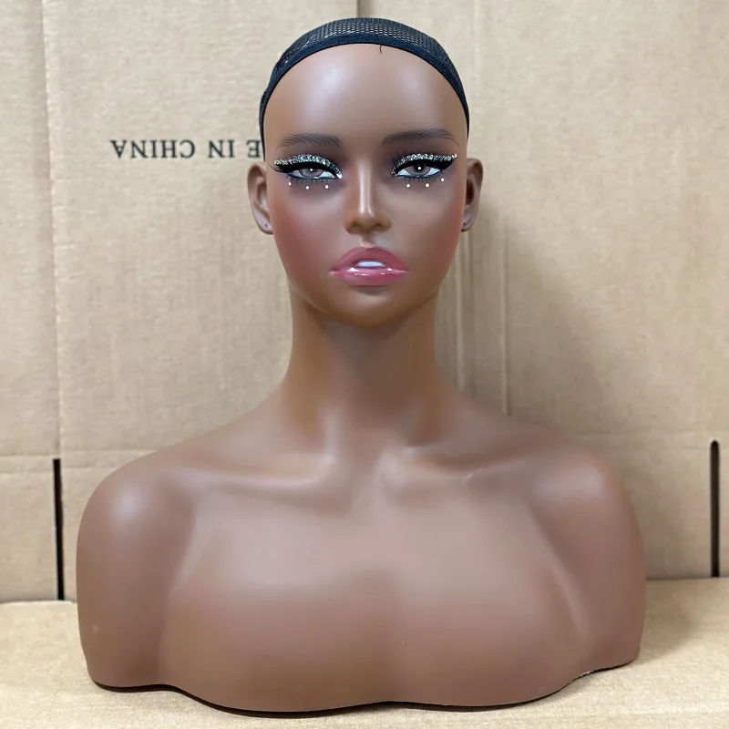 European and American Black Skin PVC Female Mannequin Head with Shoulder Dummy Head for Wigs and Necklace Display Makeup Model