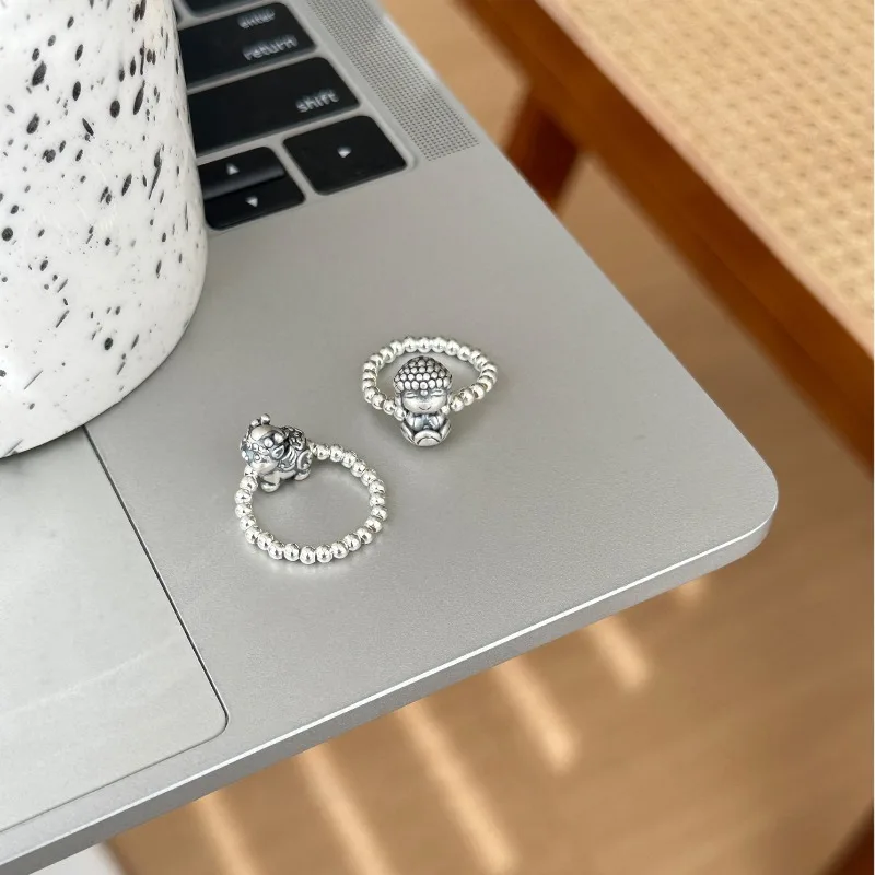 

S925 Sterling Silver Geometric Stereoscopic Buddha Elastic Round Bead Pixiu Rings for Women Fine Jewelry Minimalist Accessories