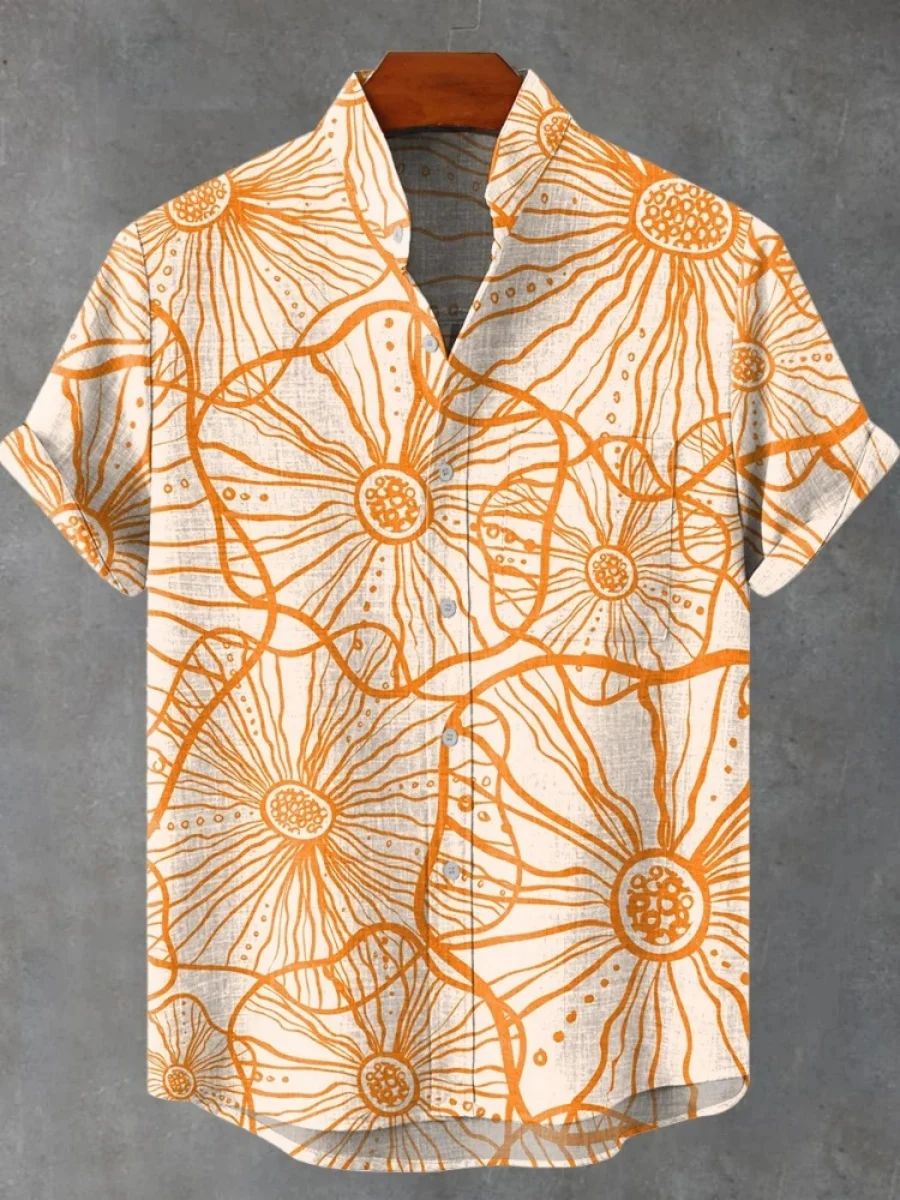 Camicia floreale da uomo nuova Camicia casual in lino a maniche corte Camicie stampate ad alta arte Comodo tessuto traspirante Ropa Para Hombre