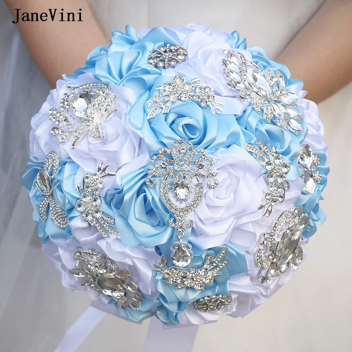 

JaneVini Light Blue White Bridal Bouquets Bling Silver Rhinestone Handmade Satin Roses Bride Holding Bouquet Flowers for Wedding