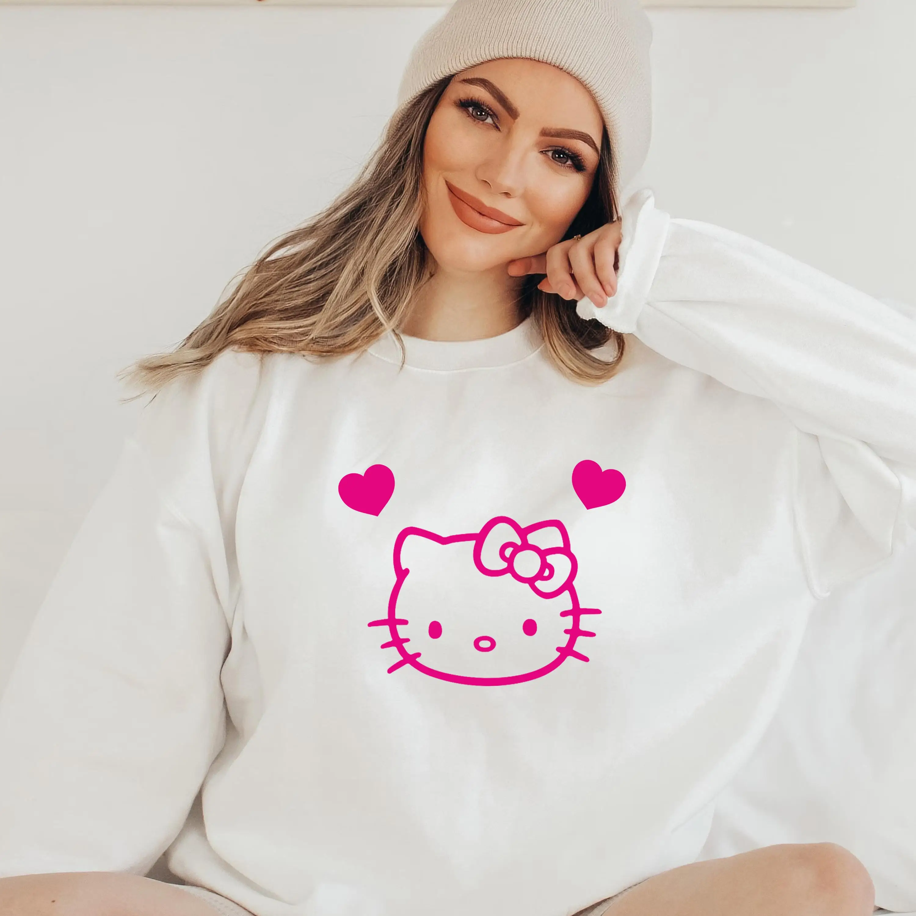 

Sanrio Hello Kitty женский свитшот с круглым вырезом, пуловер унисекс, флисовая повседневная осенне-зимняя повседневная уличная одежда большого размера