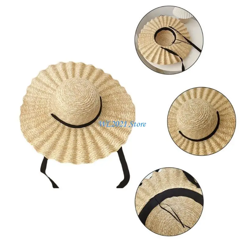 

G5GC Wide Brim Straw Hat with Ribbon Wavy Pattern for Sun for Protection Outdoor Beac