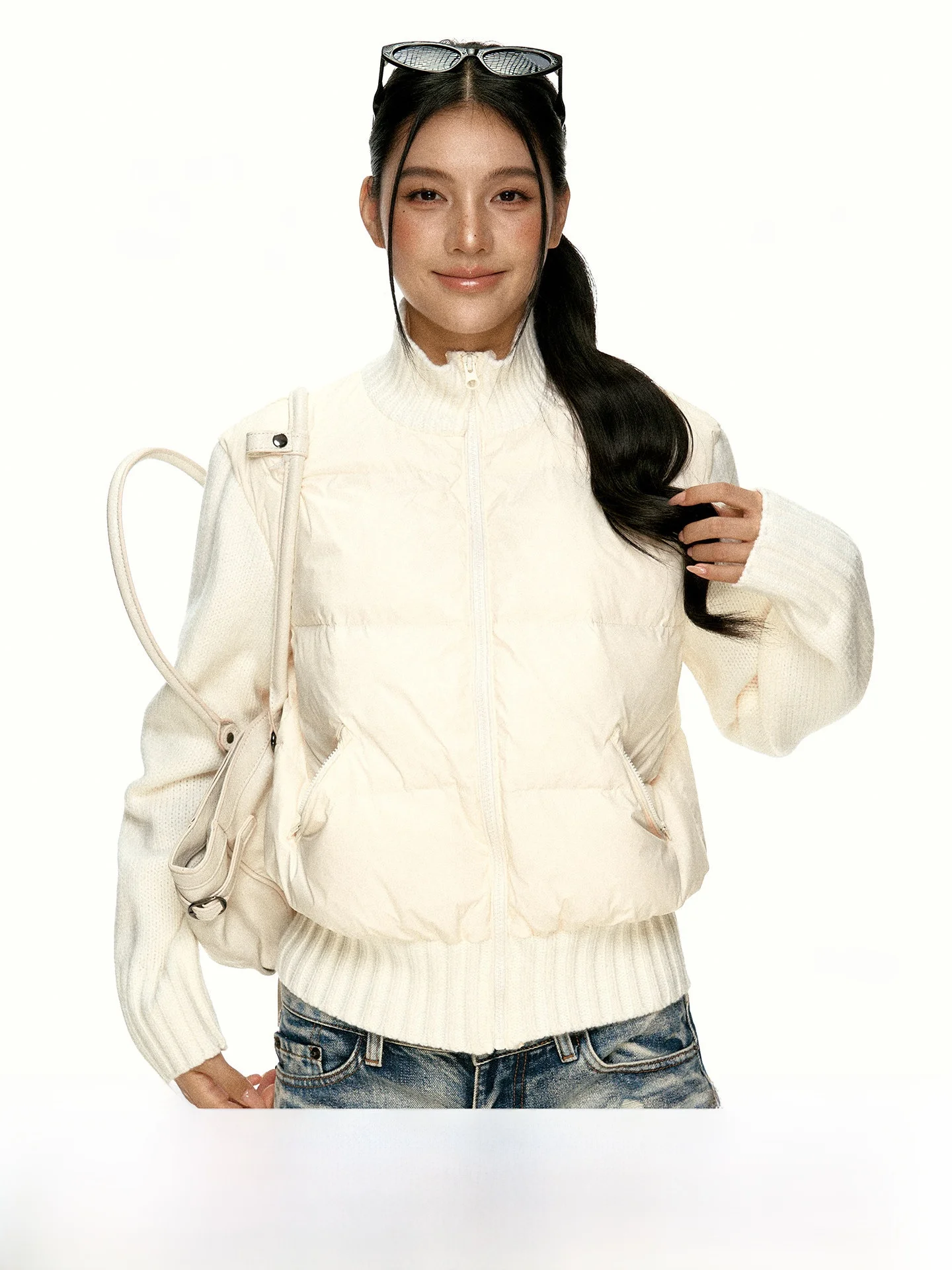 Aaisup White Knitted Patchwork Stand Collar down Jacket Winter Design Versatile Slimming Warm Short Coat Trendy Ladies' Wear