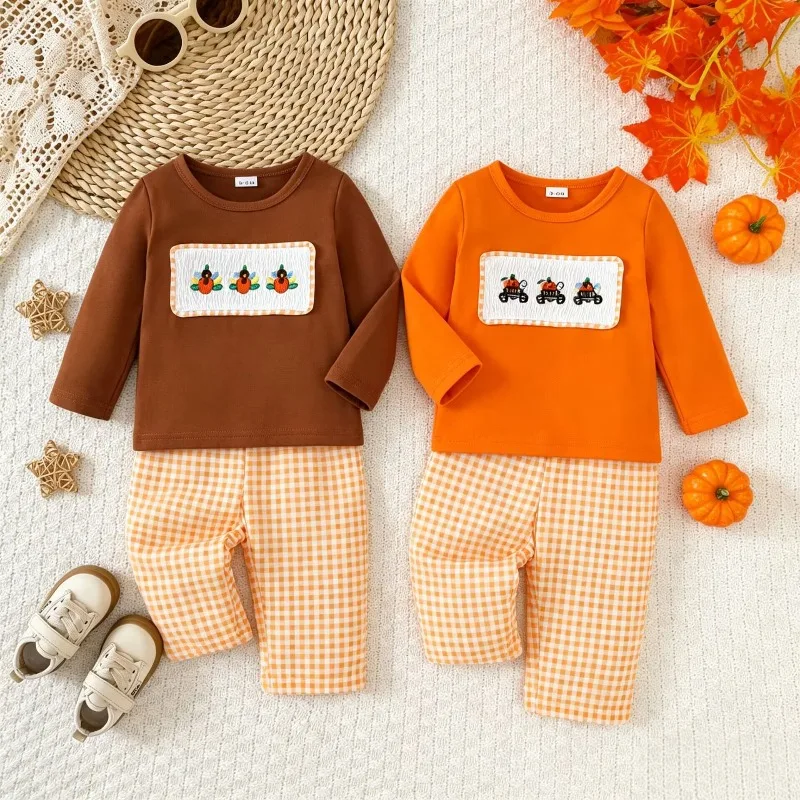 Toddler Baby Boys Girls Fall Outfit Long Sleeve Shirt With Pumpkin Patch And Gingham Pants Set 0 36M